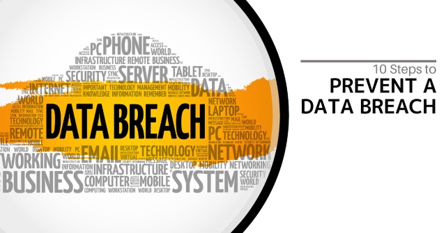 Word cloud with the word "Data Breach" highlight in orange. Text reads: "10 Ways to Prevent a Data Breach"