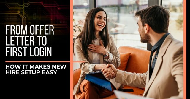 Man and woman in business attire at a job interview. Text reads, "From Offer Letter to First Login: How IT Makes New Hire Setup Easy"