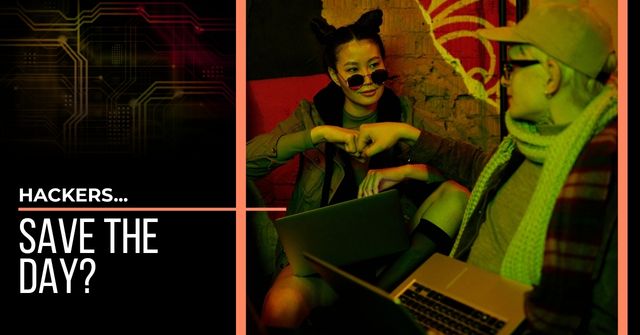 Black gloved hands typing on a silver laptop. Text reads, "Hackers...Save the Day?"