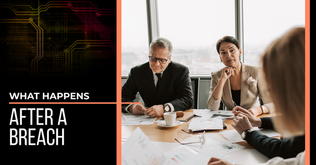 Business meeting with papers spread across a conference table. Text reads, "What Happens After A Breach?"